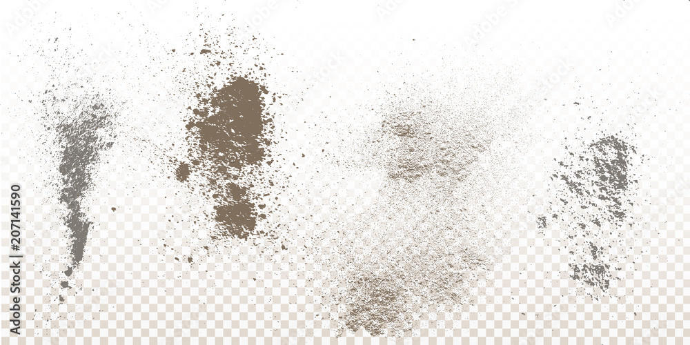 Scattered powder falls, stains, splashes, powder explosion. On an isolated background. Grunge blots trail and spray.