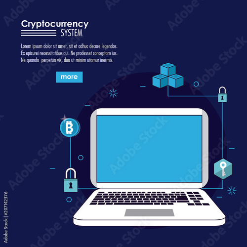 Cryptocurrency system and market place banner information blue and white design vector illustration