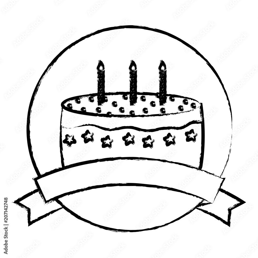 Fototapeta premium sketch of emblem with birthday cake and decorative ribbon over white background, vector illustration