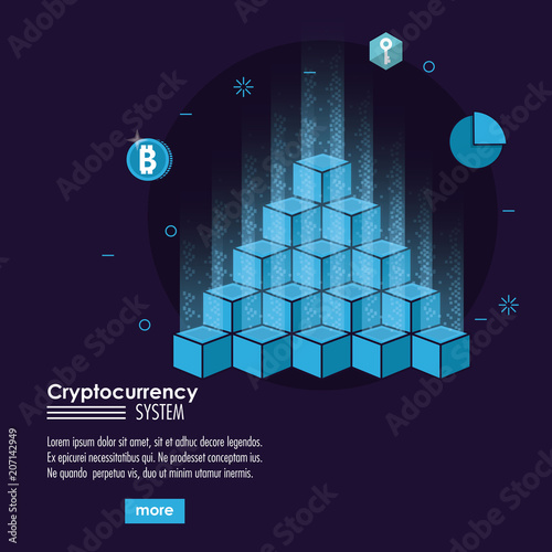 Cryptocurrency system and market place banner information blue and white design vector illustration