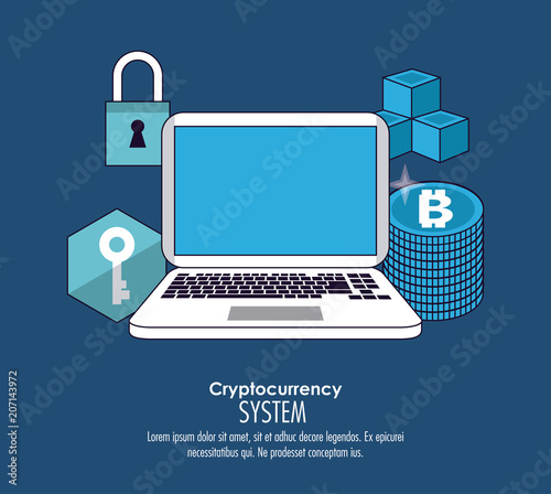 Cryptocurrency system and market place banner information blue and white design vector illustration