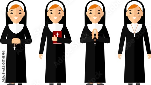 Set of different a religious people, priest and nun in colorful flat style. Vector illustration of a religious people, priest and nun
