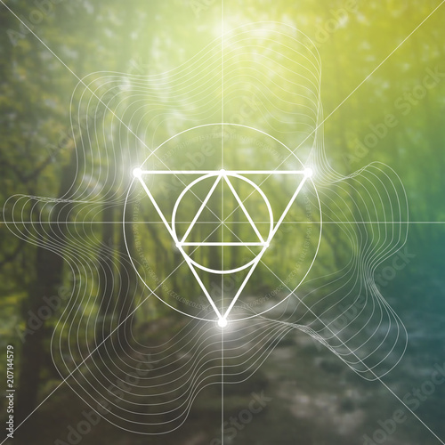 Interlocking circles and triangles hipster sacred geometry illustration with golden ratio digits in front of photographic background.