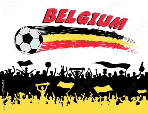 Belgium flag colors with soccer ball and Belgian supporters silhouettes