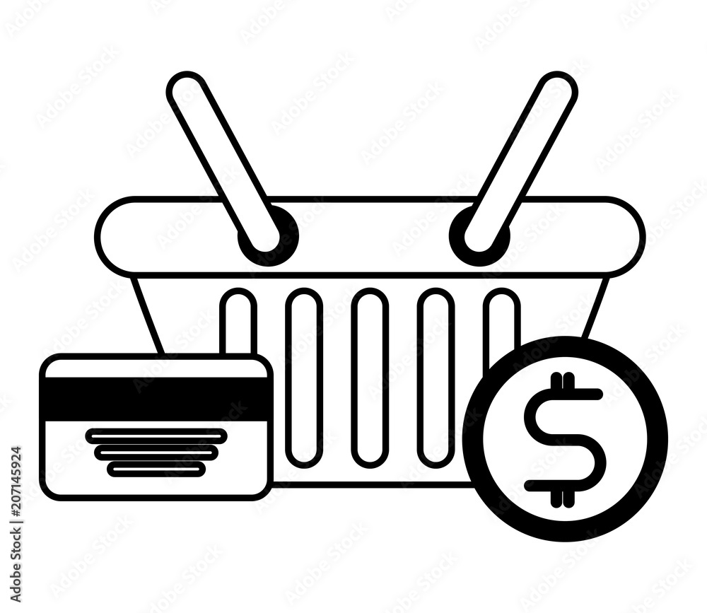 e-commerce shopping basket credit card and money vector illustration black and white e-commerce shopping basket credit card and money vector illustration black and white