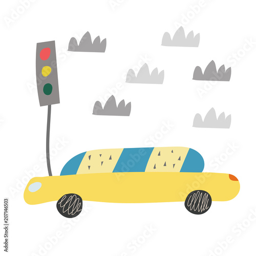 hand drawn car on the road. Scandinavian style for kids. Cartoon illustration