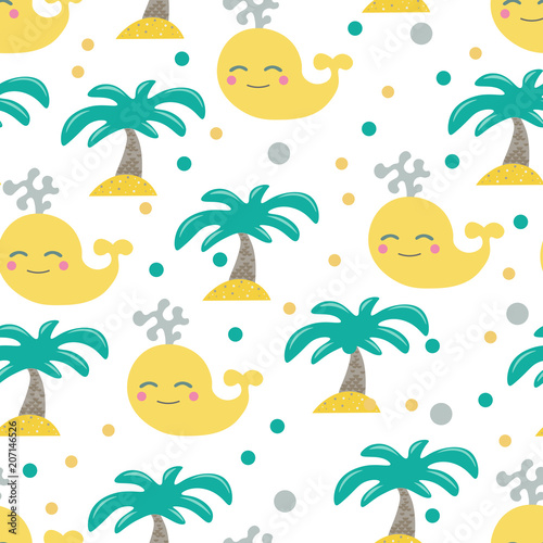 Cute seamless childish pattern for kids in scandinavian style with whale and palm.