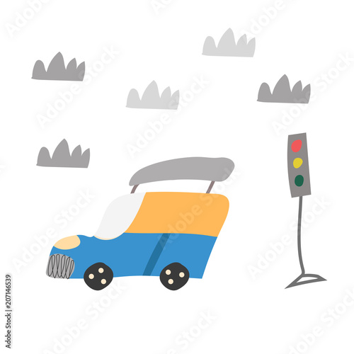 hand drawn car on the road. Scandinavian style for kids. Cartoon illustration