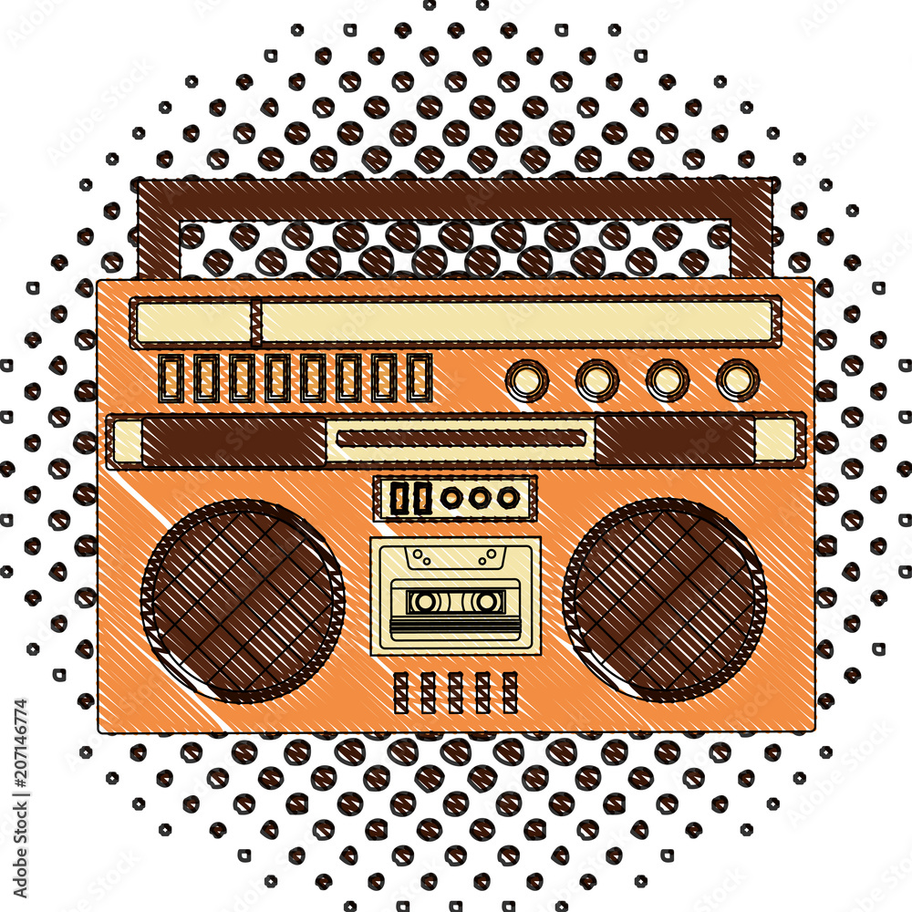 cassette radio player device retro vintage vector illustration halftone drawing  Stock Vector