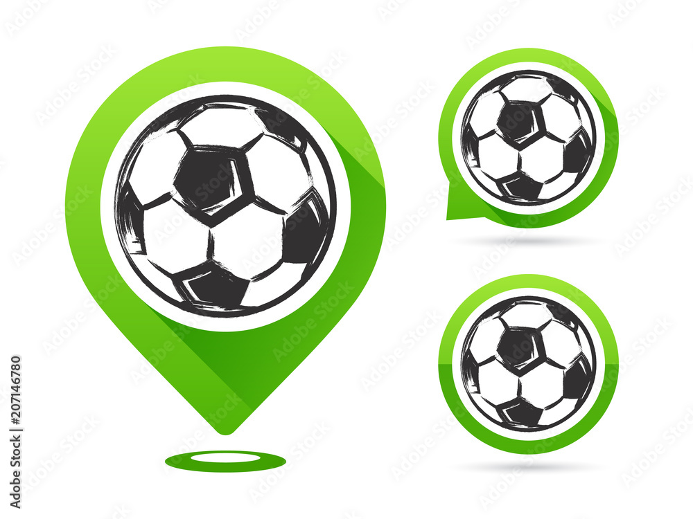 Obraz premium Football vector icons isolated on white. Football goal. Set of football icons. Football map pointer. Soccerl ball.