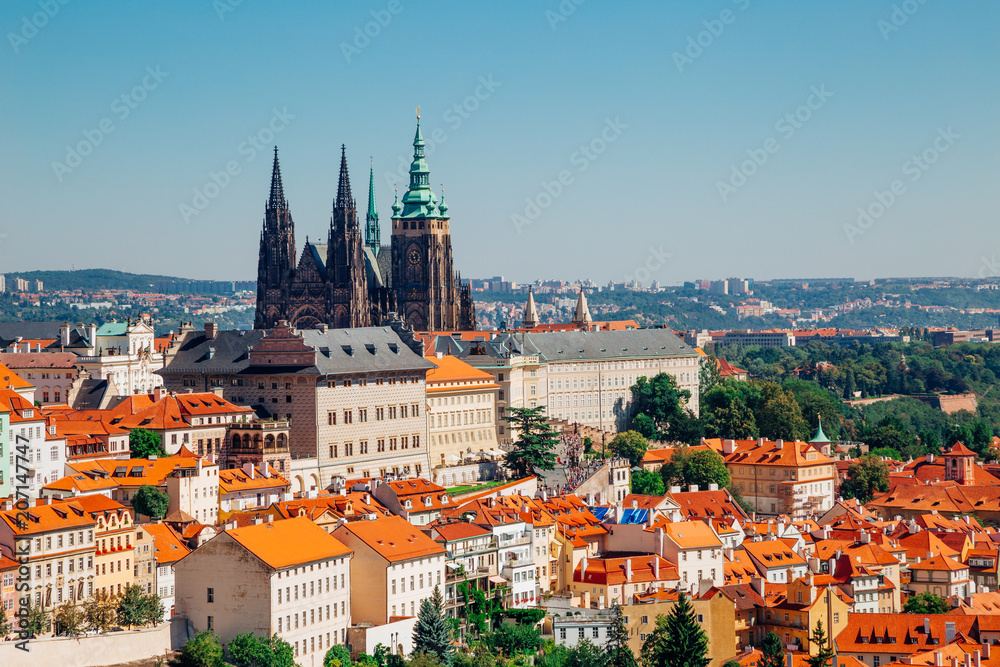 Prague castle and St. Vitus Cathedral from Petrin hill in Czech Republic