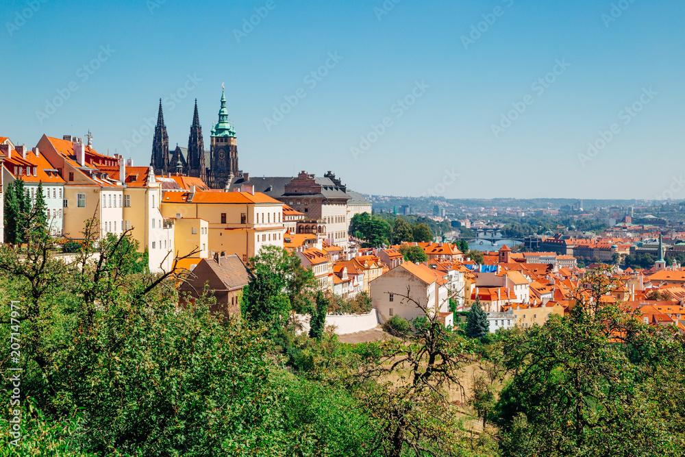 Prague castle and St. Vitus Cathedral from Petrin hill in Czech Republic