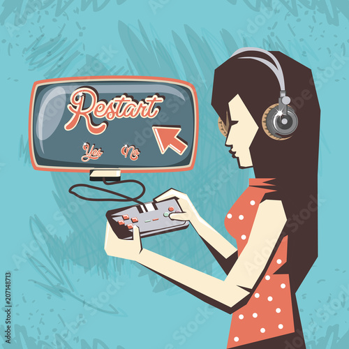woman playing video game retro vector illustration design