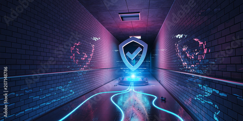 Underground cyber security hologram with digital shield 3D rendering