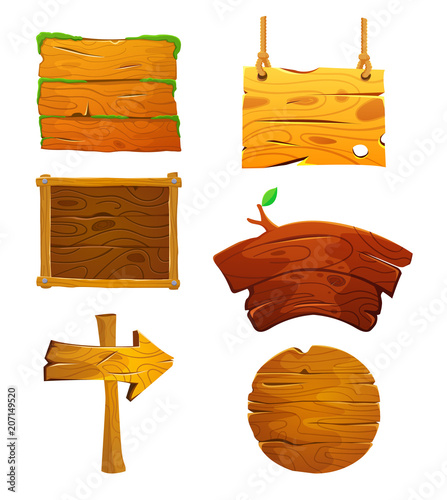 Old wood board set. Isolated vector clip art with rustic signboard, place for advertising.