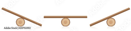Seesaw balance. Equal and unequal weight. Wooden balance toy. Simple rustic seesaws constructed of a lying tree trunk and a wooden plank - isolated vector illustration on white background.