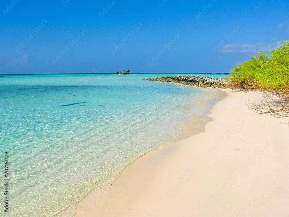 Maldives, Atoll, Indian Ocean. Palm trees on the white sand beach. Turquoise water of the lagoon. Asdu in Male North.