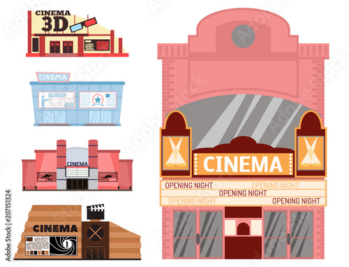 Cinema building vector illustration facade movie entertainment city house architecture theater exterior.