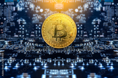Golden bitcoins standing on circuit board, business concept.