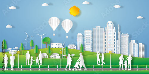 landscape of peoples exercise and relax in the morning city on summer, fresh air in the park as nature, healthy, paper art and craft style concept. vector illustration