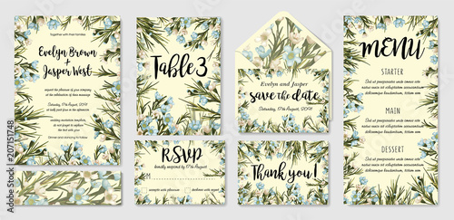Wedding invite, menu, rsvp, thank you label save the date card envelope. Design with white and blue wax flowers, green leaves. Vector cute rustic
