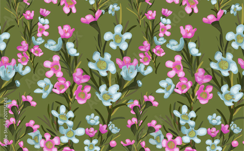 Wide vintage seamless background pattern. Blue and pink wax wild flowers with leaf. Abstract, hand drawn