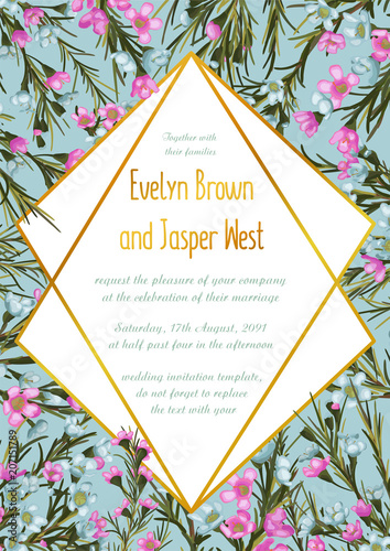 Vector floral design card with watercolor blue and pink wax flowers. Natural botanical Greeting wedding invitation invite. Geometrical rhombus golden Frame border