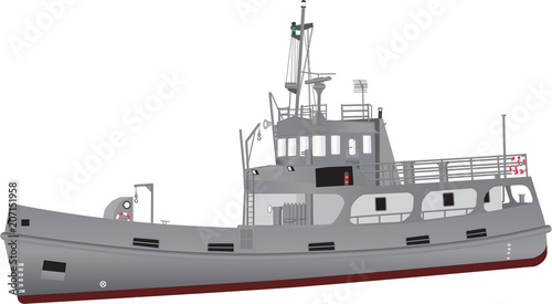A detailed illustration of a Navy Support Ship equipped for diving and salvage with grey livery and red oxide boot topping and an array of radar navigation equipment and recovery cranes isolated