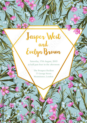 Wedding Invitation, floral invite card Design: blue and pink wax flowers, green  leaves, geometric golden frame print on a turquoise background. Vector