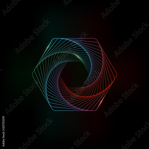 Hexagon glowing light banner on a black background. Hexagon abstract 3d. Abstract technology lines. Vector illustration.