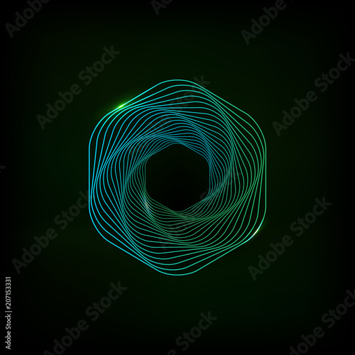Hexagon glowing light banner on a black background. Hexagon abstract 3d. Abstract technology lines. Vector illustration.