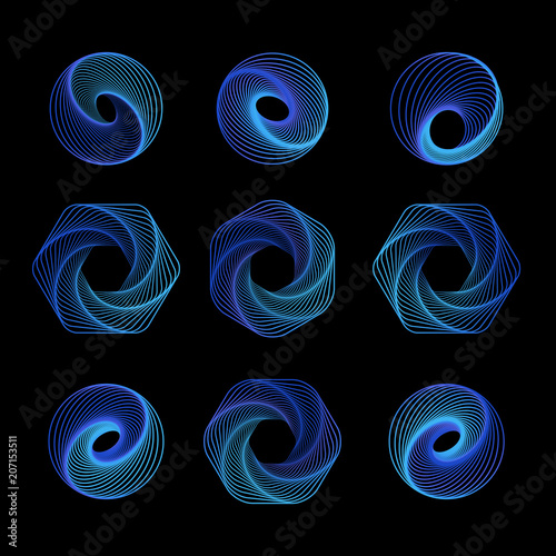Set of tunnel abstract. Twisted lines. Logo. Set of hexagon background. Hexagon abstract 3d. Abstract technology lines. Vector illustration.