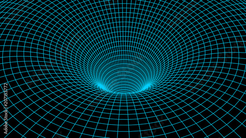 Tunnel or wormhole. Abstract Wormhole Science. 3D tunnel grid.Wireframe 3D surface tunnel.Grid texture