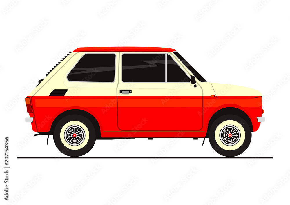 Sticker of small retro car. Side view. Flat vector.