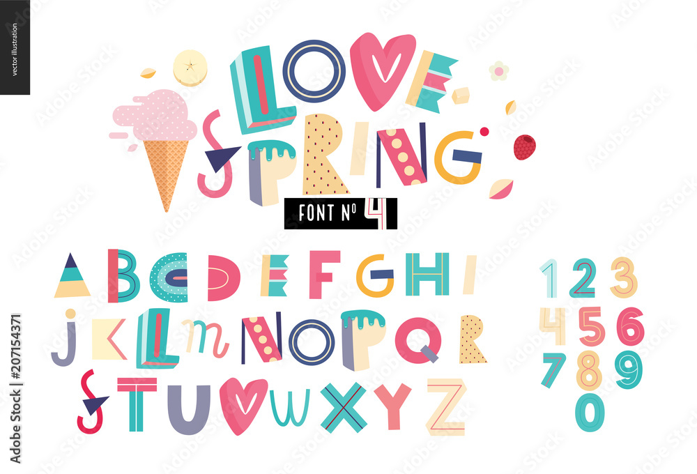Kids flat alphabet set - Love spring latin font - letters and digits Kids flat alphabet set - Love spring latin font - letters and digits