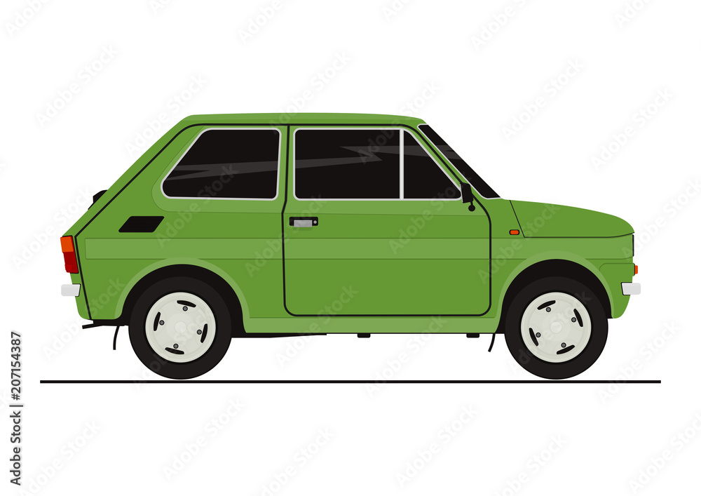 Sticker of small retro car. Side view. Flat vector. Sticker of small retro car. Side view. Flat vector.