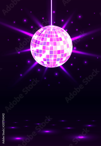 Night party. Disco ball background. Night dance party music. Shining party background. Glowing circle. Vector illustration.