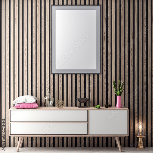 Mock up poster frame in hipster interior background in pink colors and wood wall planks, 3D illustration