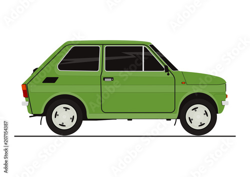 Sticker of small retro car. Side view. Flat vector.