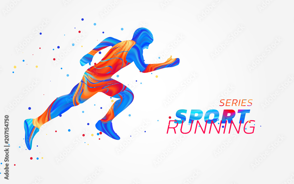 Runner with colorful spots isolated on white background. Liquid design with colored paintbrush. Vector illustration of athletics, marathon, run. Sports, competition theme.Concept of active lifestyle.