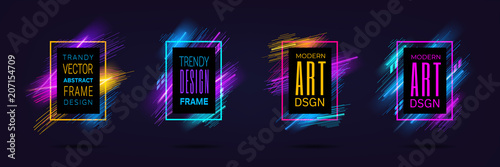 Vector modern frames with dynamic neon glowing lines isolated on black background. Art graphics with laser effect. Design element for business cards, gift cards, invitations, flyers, brochures. photo