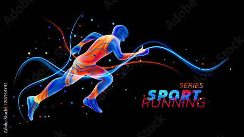 Vector 3d runner with neon light lines isolated on black background with colorful spots. Liquid design with colored paintbrush. Illustration of athletics, marathon, run. Sports and competition theme. © Sensvector