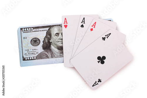 Cards and dollars for casino with on white background