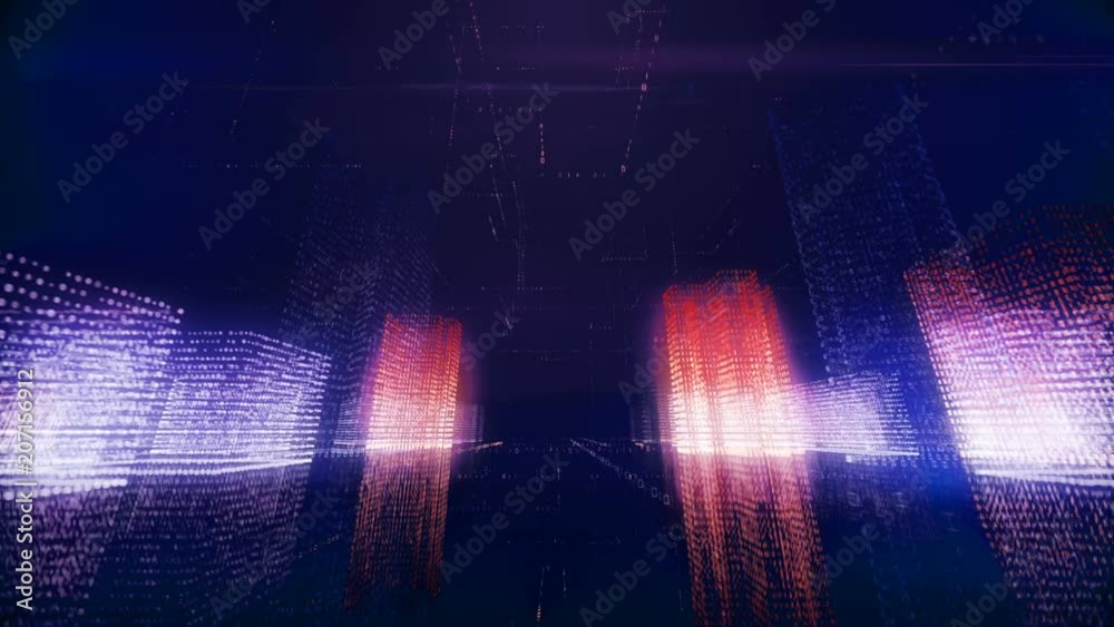 Seamless abstract flight in a virtual digital city in a binary code space, purple color