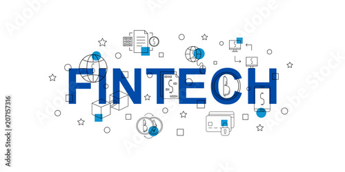 Fintech vector banner. Word with line icon. Vector background