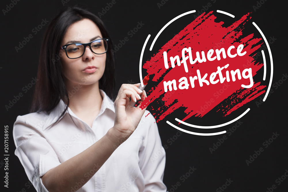 The concept of marketing, technology, the Internet and the network. A young businessman shows what is important for business: Influence marketing The concept of marketing, technology, the Internet and the network. A young businessman shows what is important for business: Influence marketing
