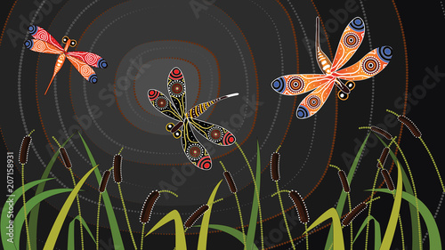 Dragonfly on cattails aboriginal art vector painting.