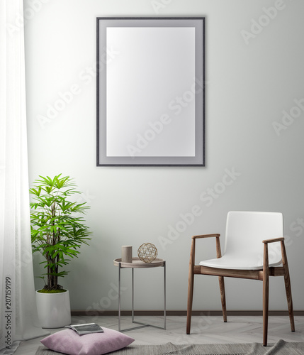 Mock up poster frame in hipster interior background  3D illustration