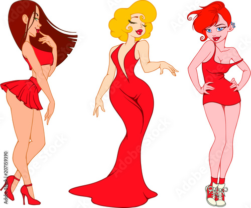 beautiful girls with graceful silhouette and in red dress