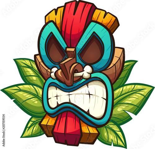 Cartoon colorful tiki mask with leaves. Vector clip art illustration with simple gradients. All in a single layer. 